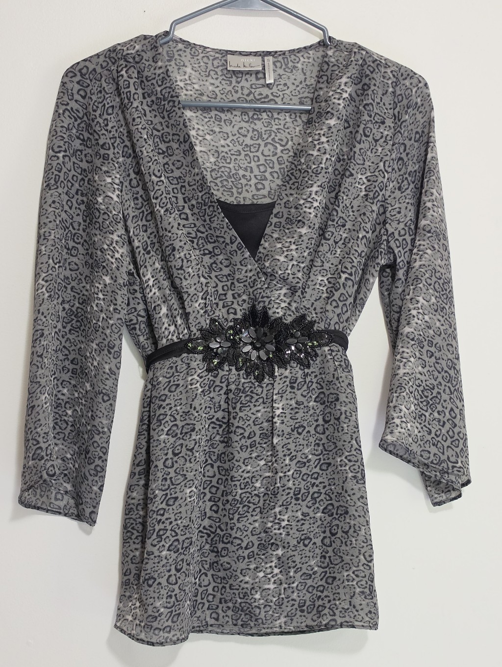 Nicole Miller Sheer Leopard Print Embellished Boho Kimono Top S